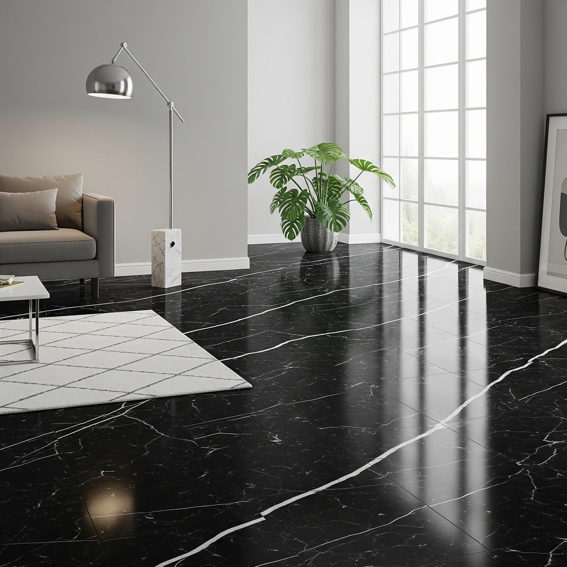 Lantai Vinyl Motif Marmer Hitam 1x1